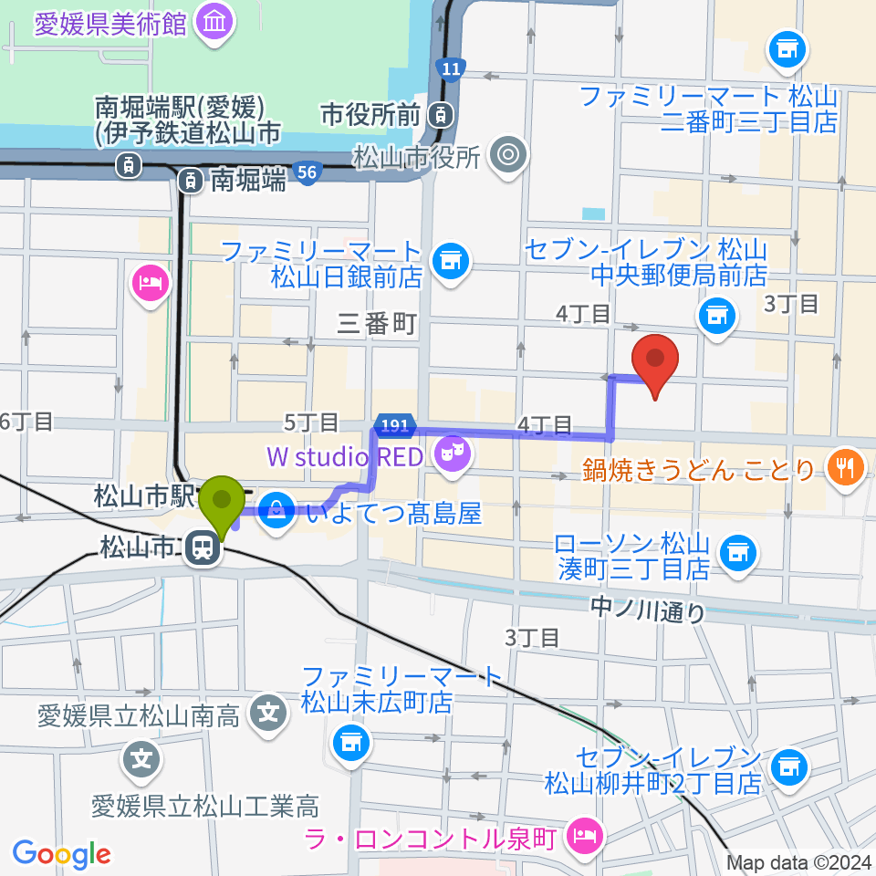 松山市駅からヤマハミュージック 松山店へのルートマップ地図