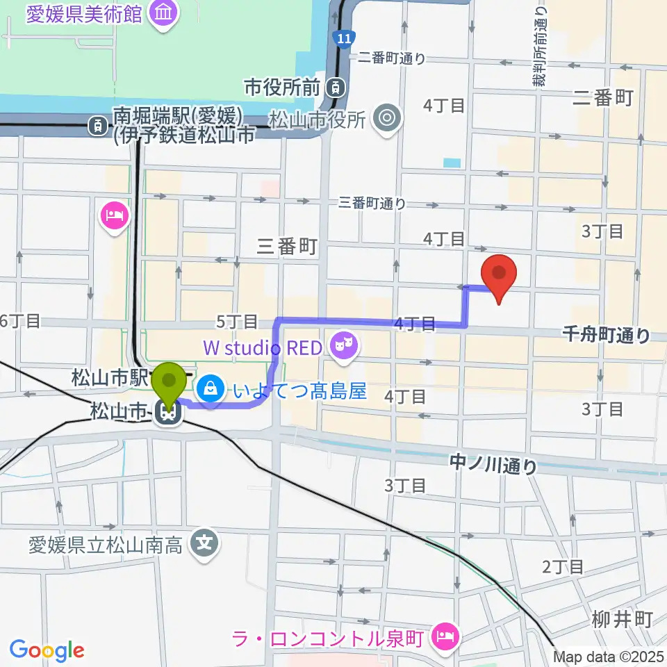 松山市駅からヤマハミュージック 松山店へのルートマップ地図