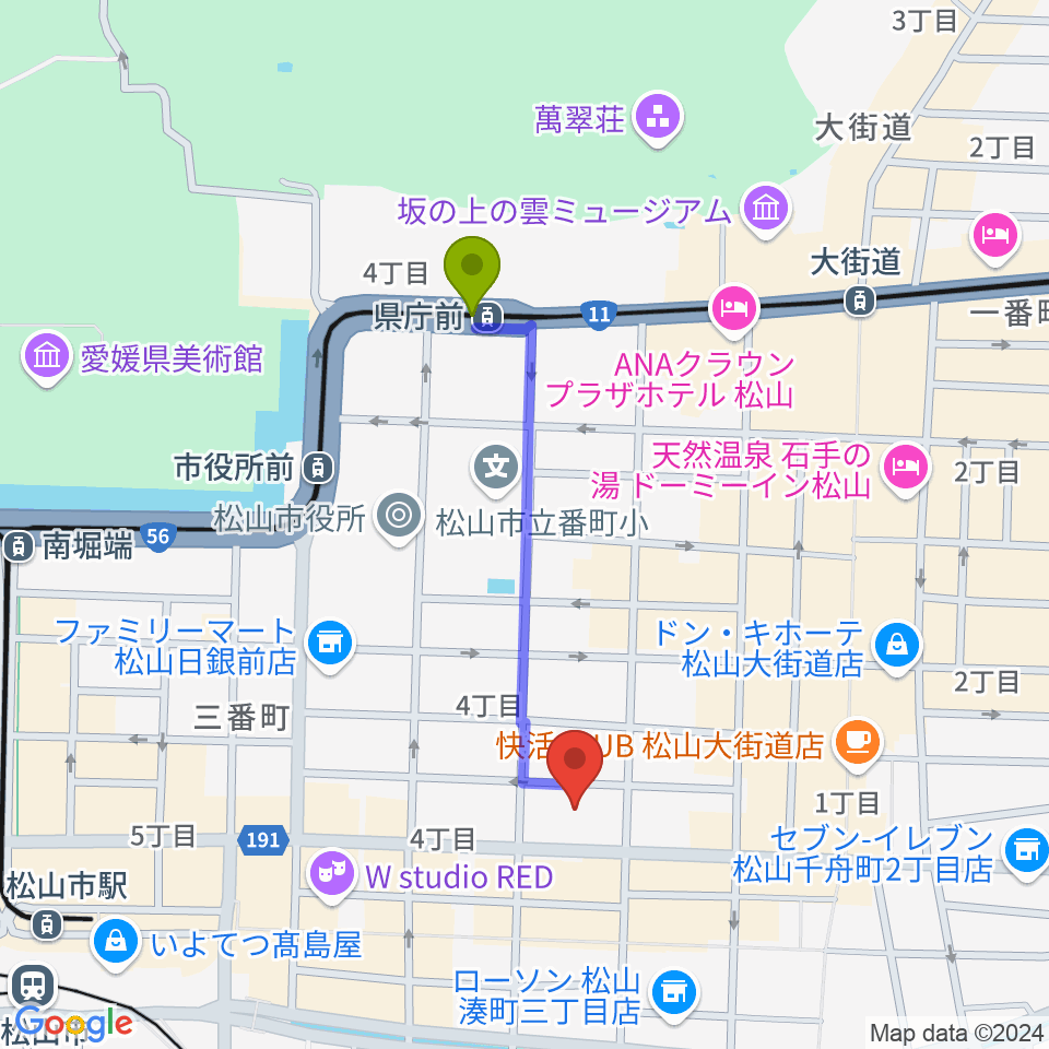 県庁前駅からヤマハミュージック 松山店へのルートマップ地図