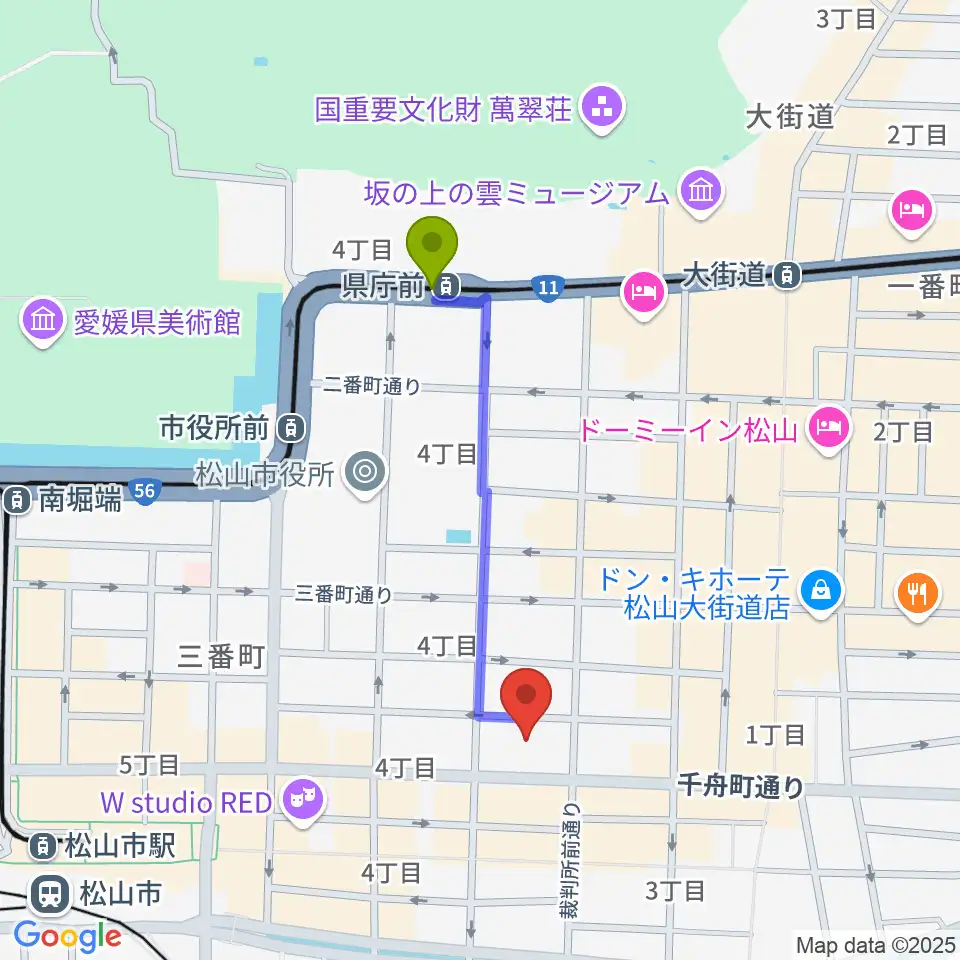 県庁前駅からヤマハミュージック 松山店へのルートマップ地図