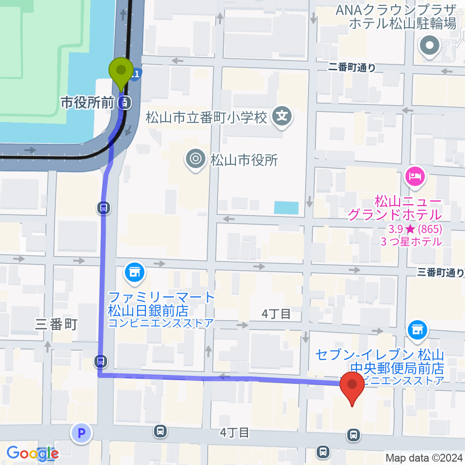 ヤマハミュージック 松山店の最寄駅市役所前駅からの徒歩ルート（約7分）地図