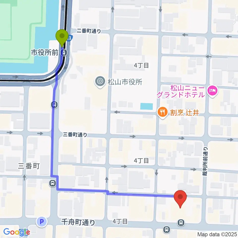 ヤマハミュージック 松山店の最寄駅市役所前駅からの徒歩ルート（約7分）地図