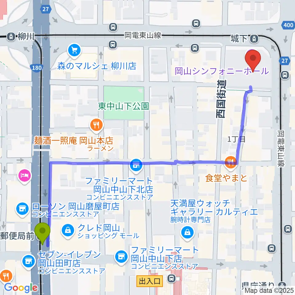 郵便局前駅からヤマハミュージック 岡山店へのルートマップ地図