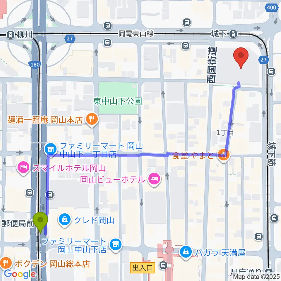 郵便局前駅からヤマハミュージック 岡山店へのルートマップ地図