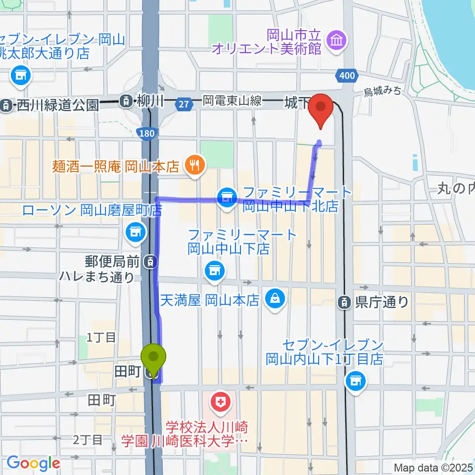田町駅からヤマハミュージック 岡山店へのルートマップ地図