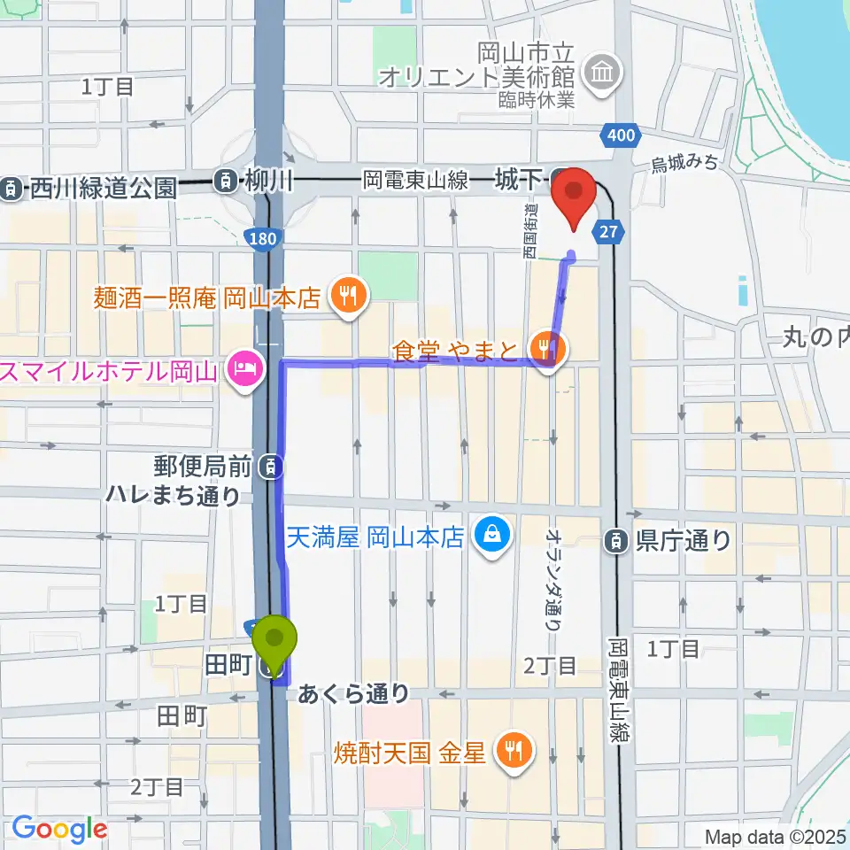 田町駅からヤマハミュージック 岡山店へのルートマップ地図