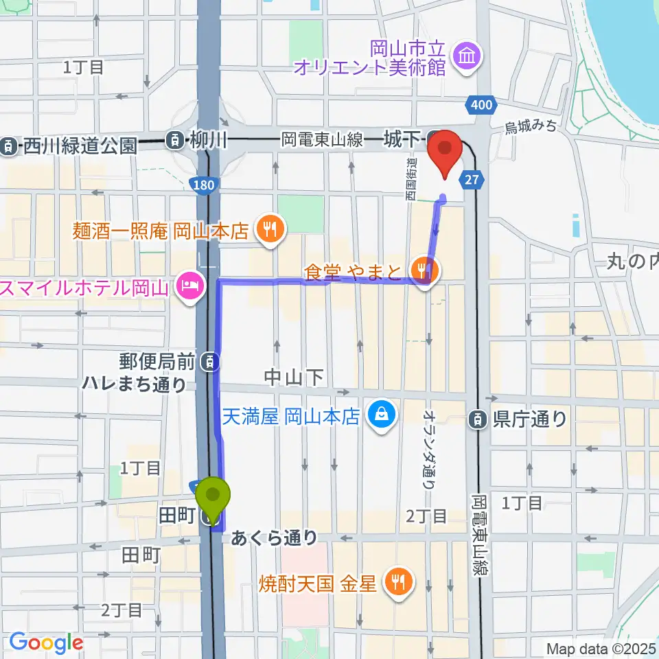 田町駅からヤマハミュージック 岡山店へのルートマップ地図