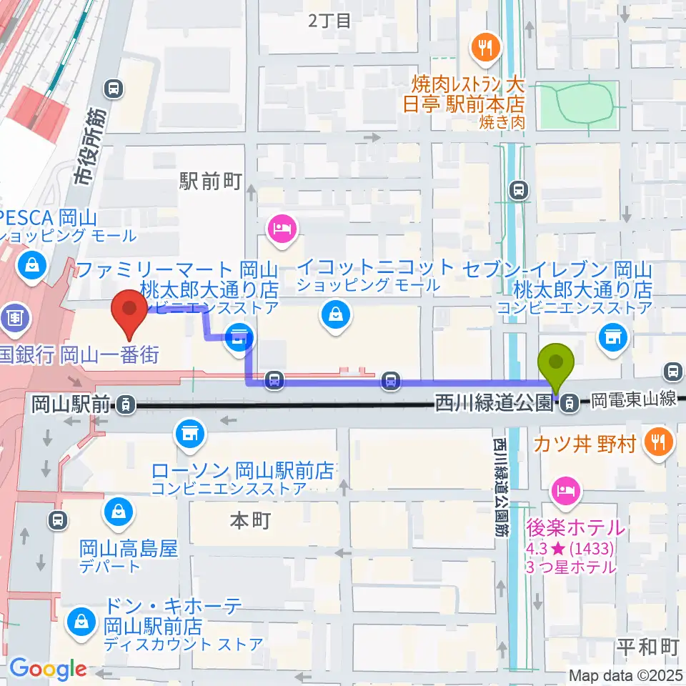 西川緑道公園駅からミュージックアベニュー岡山へのルートマップ地図