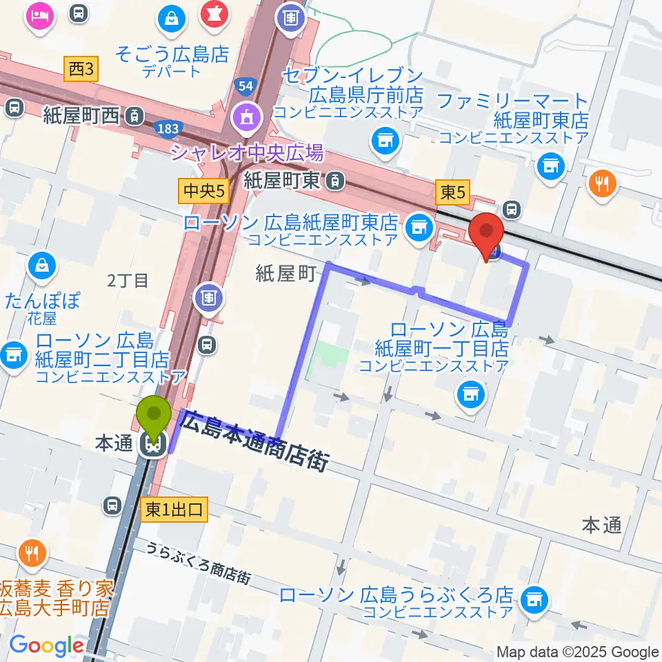 本通駅からヤマハミュージック 広島店へのルートマップ地図