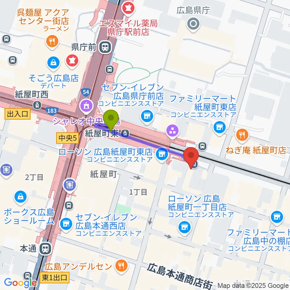 紙屋町東駅からヤマハミュージック 広島店へのルートマップ地図