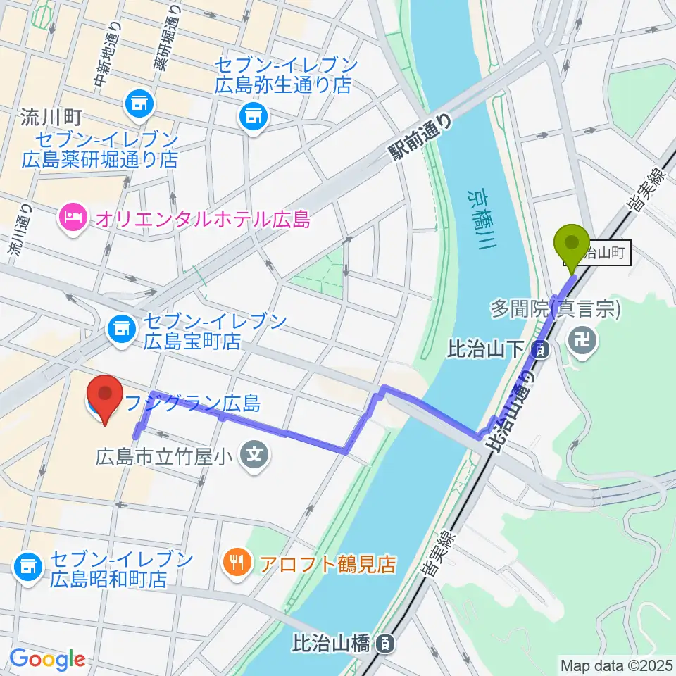 比治山下駅からフジグラン広島センター ヤマハミュージックへのルートマップ地図