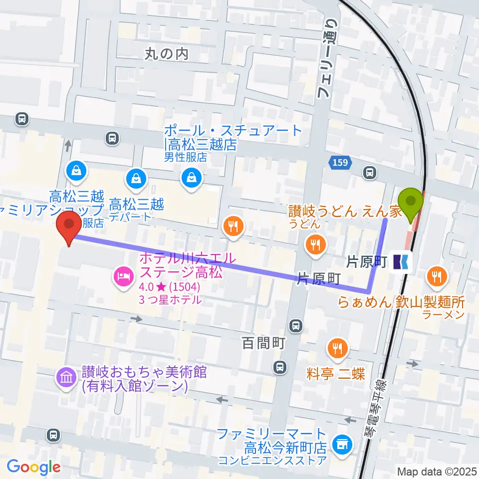 ヤマハミュージック 高松店の最寄駅片原町駅からの徒歩ルート（約6分）地図