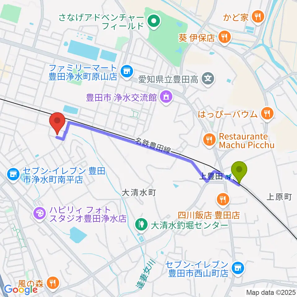 上豊田駅からピアチェーレへのルートマップ地図