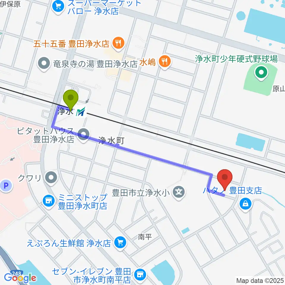 ピアチェーレの最寄駅浄水駅からの徒歩ルート（約10分）地図