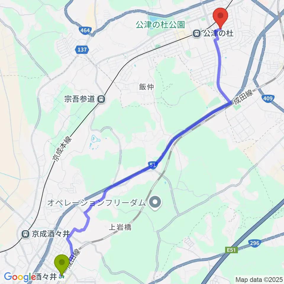 酒々井駅からYNサロンホールへのルートマップ地図