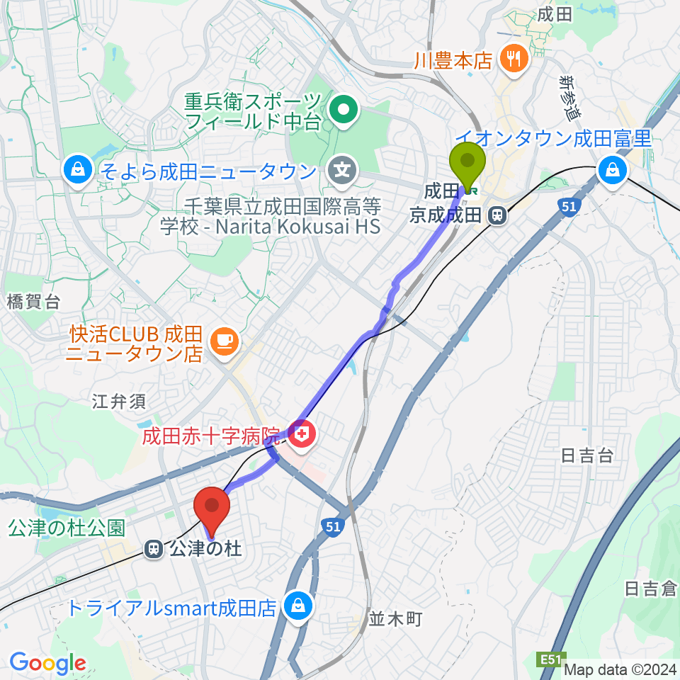 成田駅からYNサロンホールへのルートマップ地図