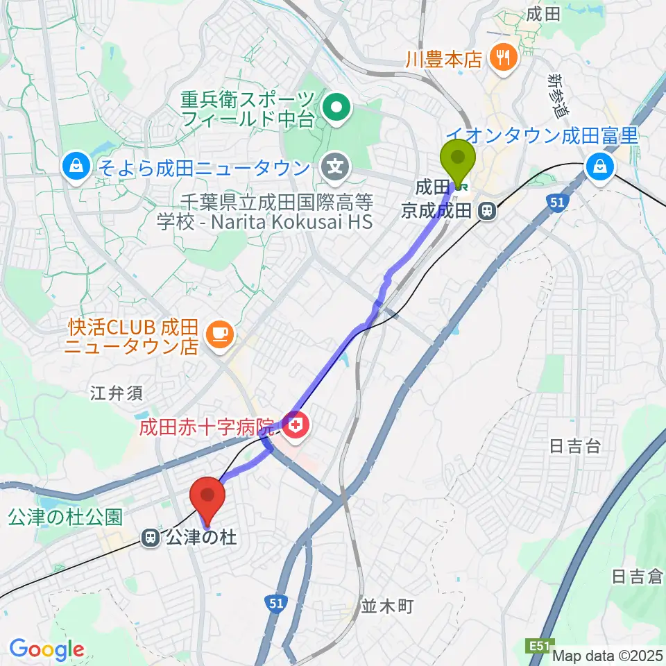 成田駅からYNサロンホールへのルートマップ地図