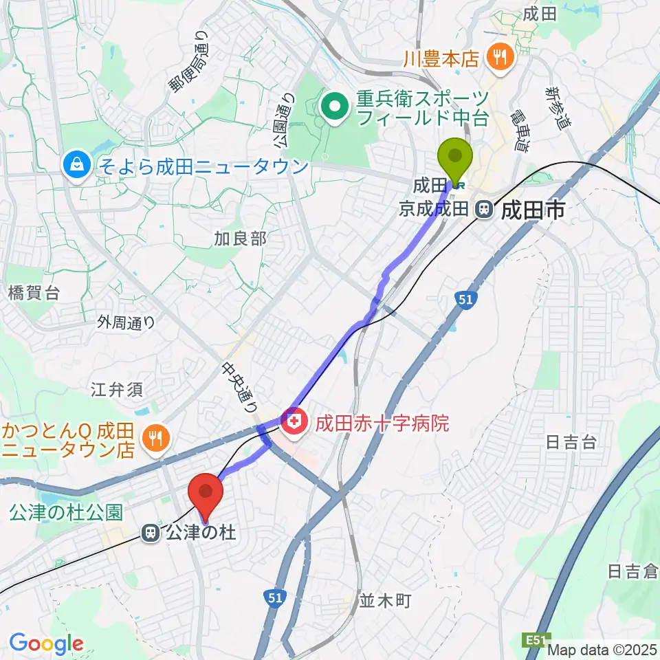 成田駅からYNサロンホールへのルートマップ地図