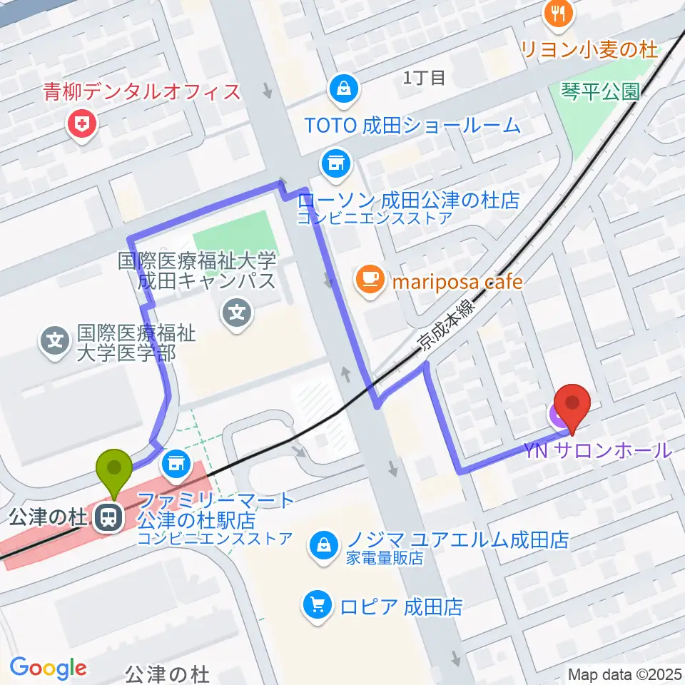 YNサロンホールの最寄駅公津の杜駅からの徒歩ルート（約5分）地図