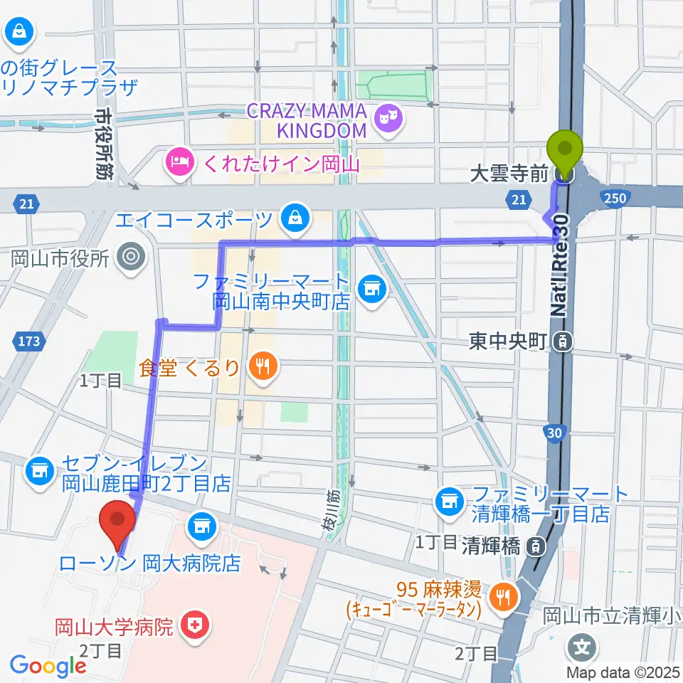 大雲寺前駅から岡山大学 Jホールへのルートマップ地図