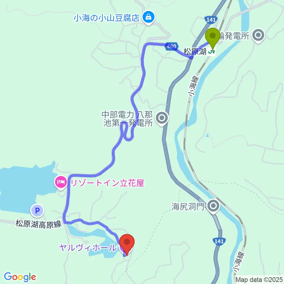 松原湖駅から小海町音楽堂 ヤルヴィホールへのルートマップ地図