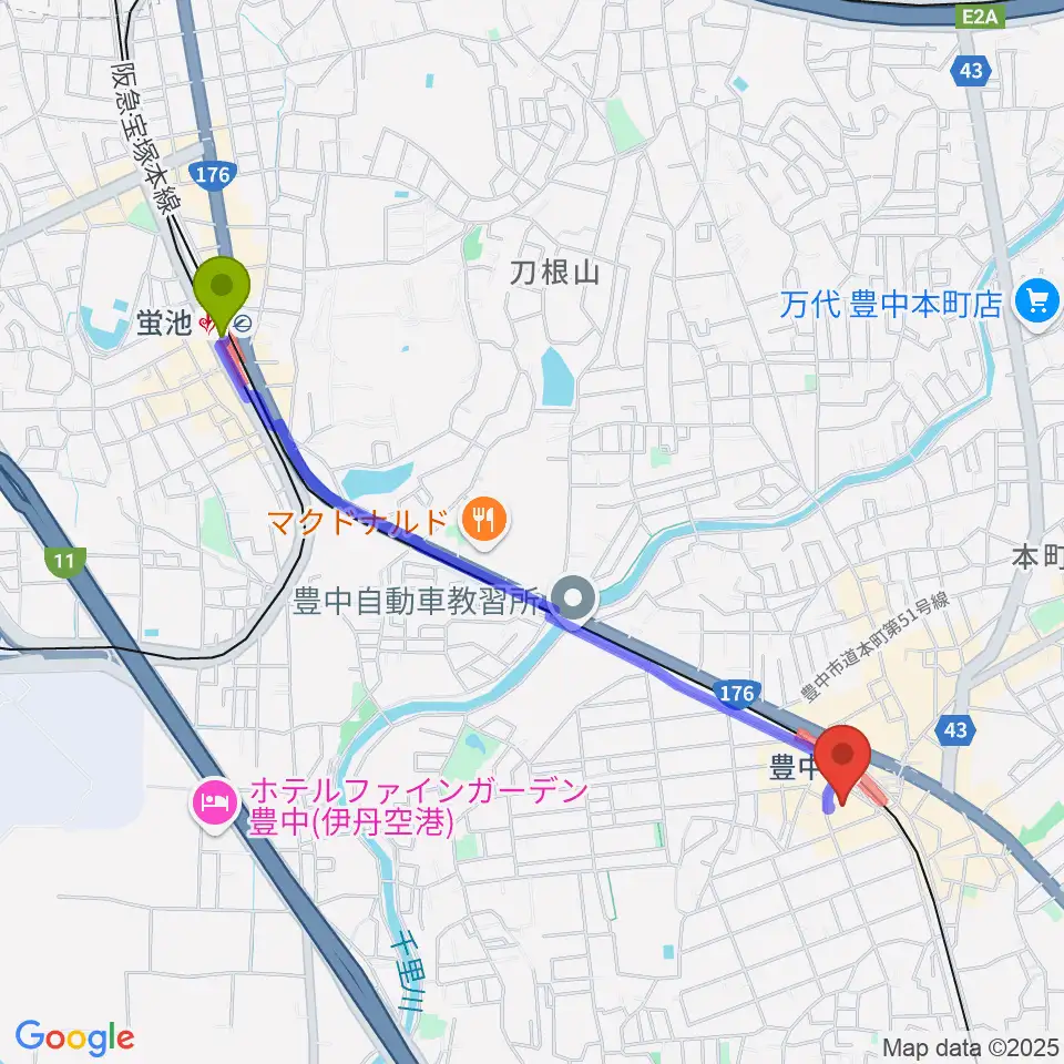 蛍池駅からとよなか男女共同参画推進センターすてっぷへのルートマップ地図