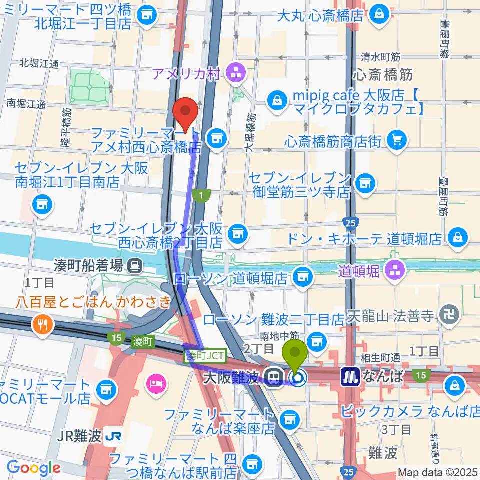 大阪難波駅からヤマハミュージック 大阪なんば店へのルートマップ地図