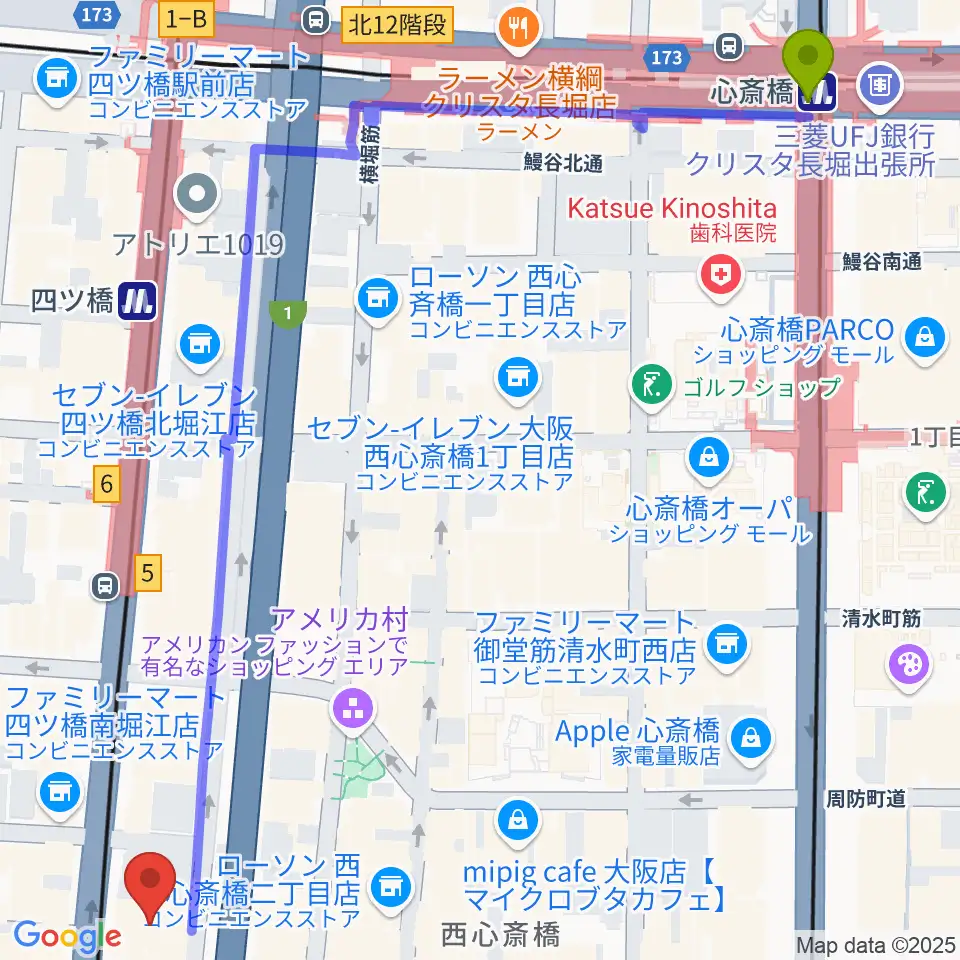 心斎橋駅からヤマハミュージック 大阪なんば店へのルートマップ地図