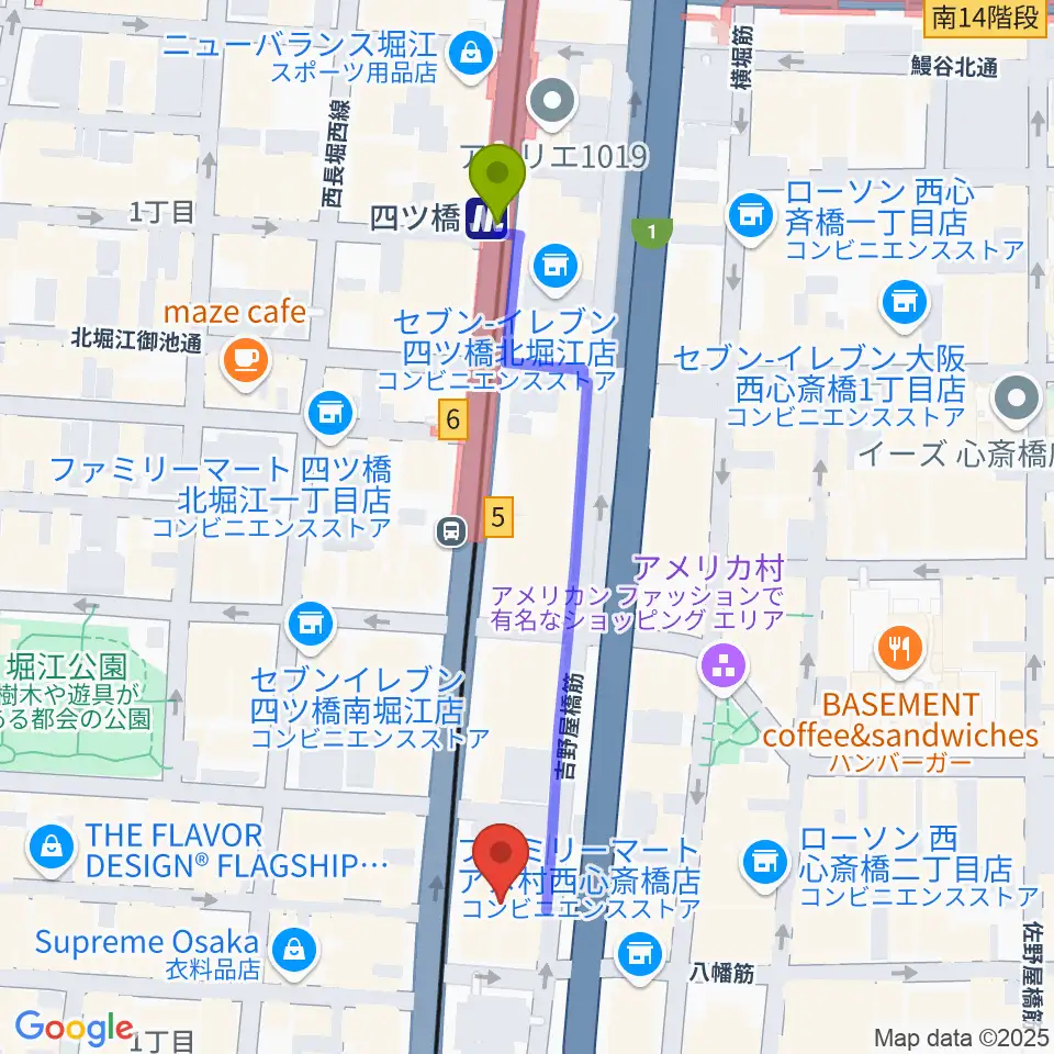 ヤマハミュージック 大阪なんば店の最寄駅四ツ橋駅からの徒歩ルート（約5分）地図