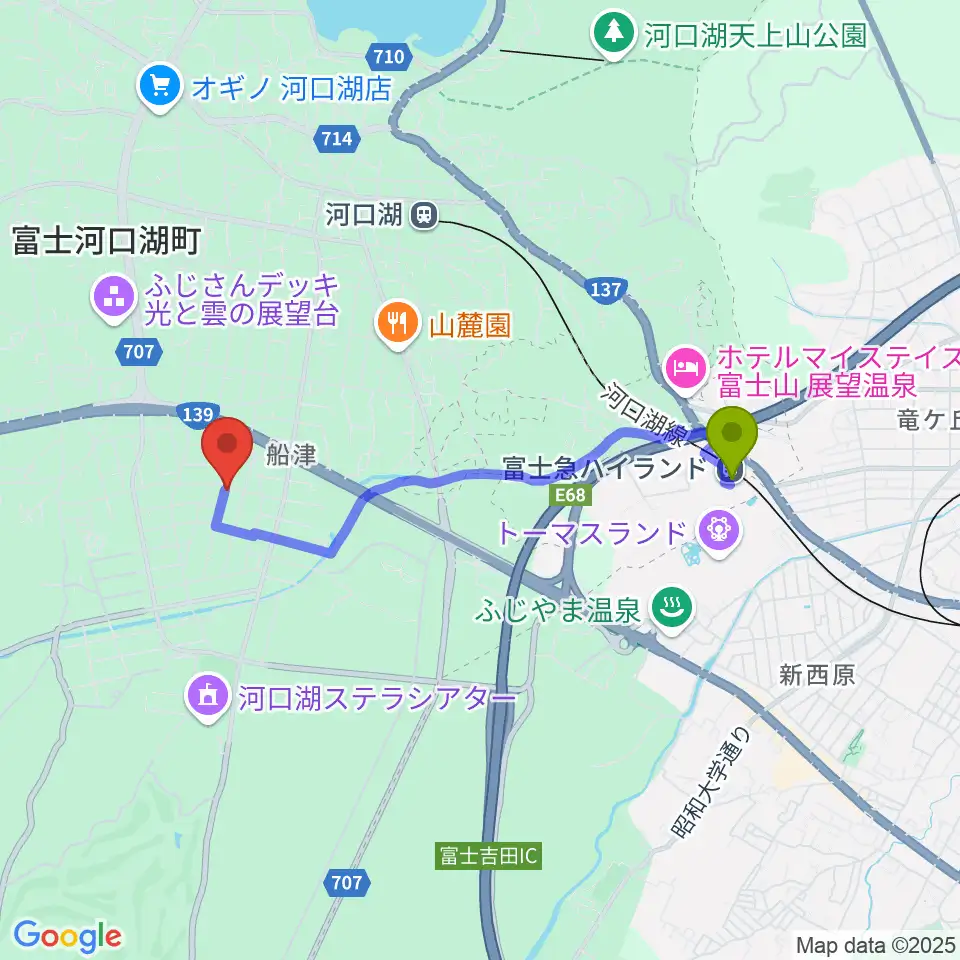 富士急ハイランド駅からFMふじやまへのルートマップ地図