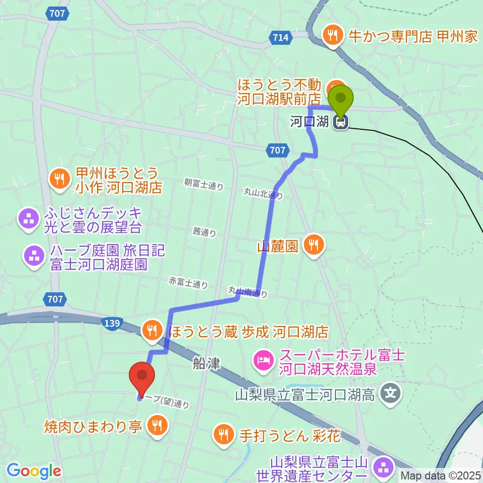 FMふじやまの最寄駅河口湖駅からの徒歩ルート（約22分）地図