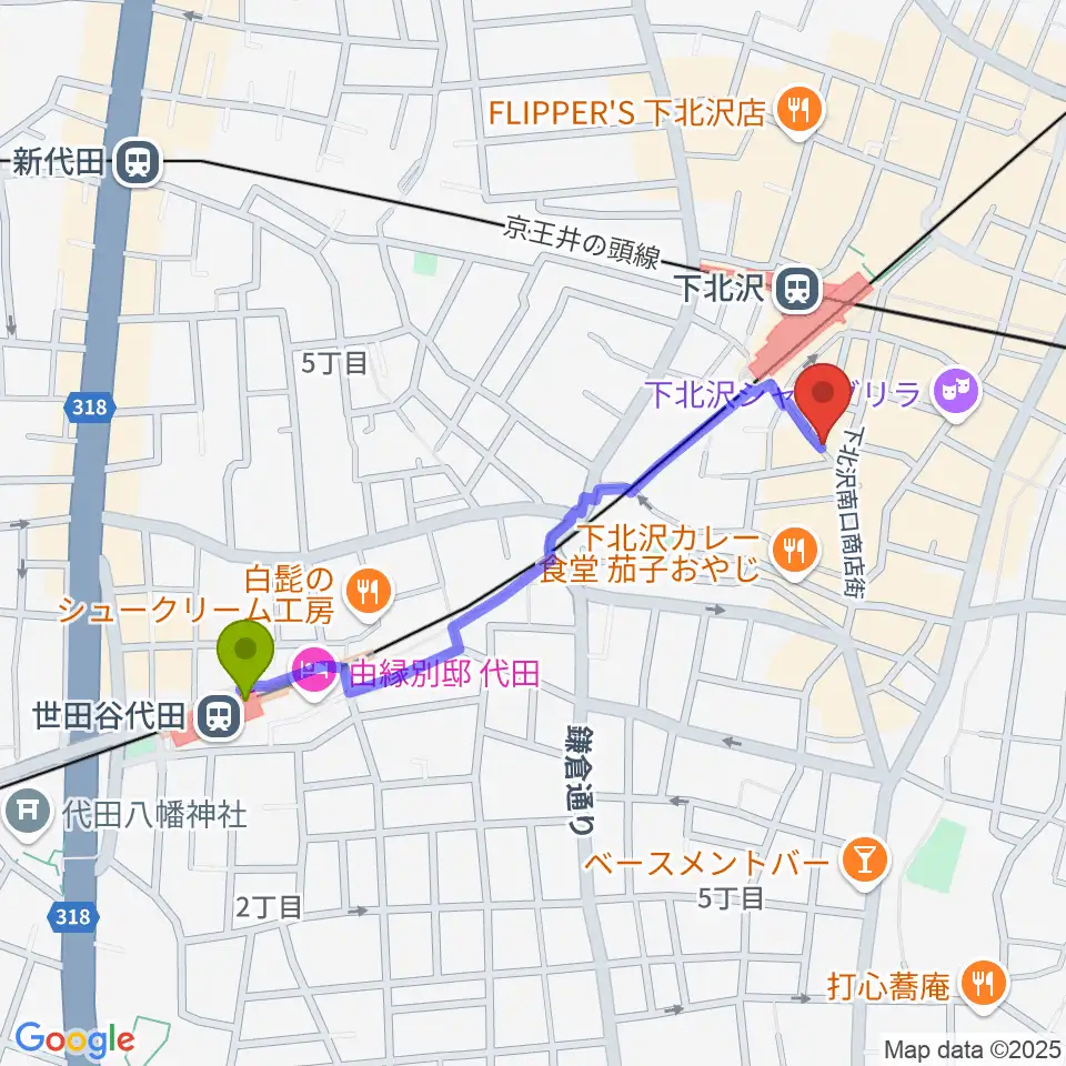 世田谷代田駅からJAZZY SPORT下北沢へのルートマップ地図