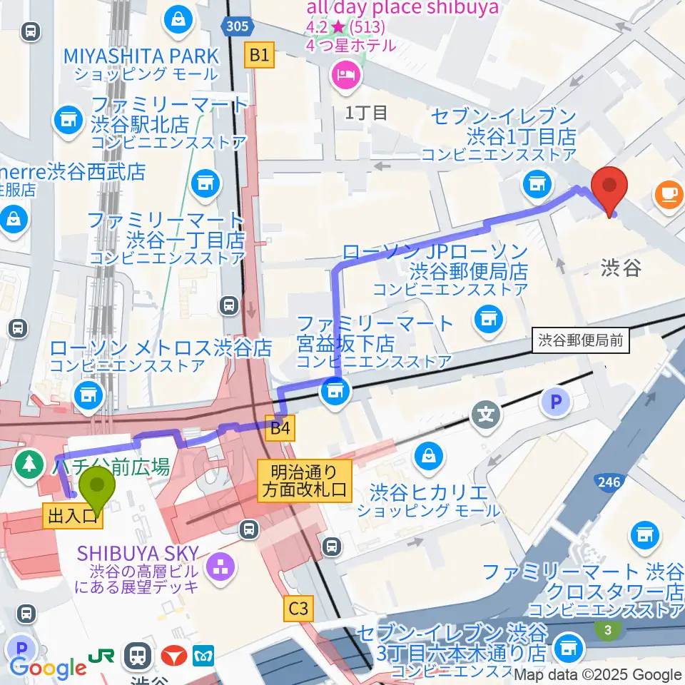 渋谷Familyの最寄駅渋谷駅からの徒歩ルート（約7分）地図