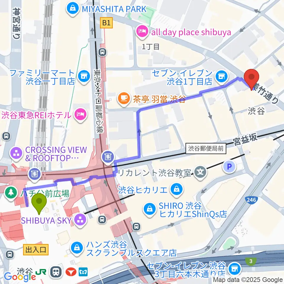 渋谷Familyの最寄駅渋谷駅からの徒歩ルート（約7分）地図