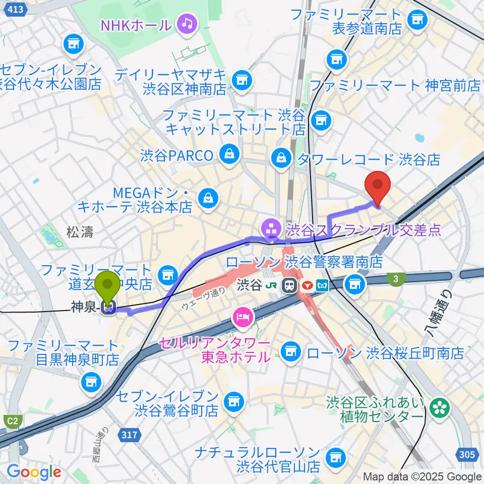 神泉駅から渋谷Familyへのルートマップ地図