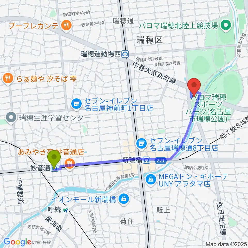 妙音通駅から瑞穂文化小劇場へのルートマップ地図