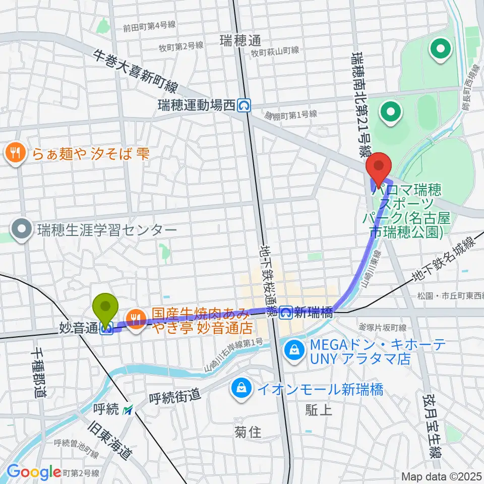 妙音通駅から瑞穂文化小劇場へのルートマップ地図
