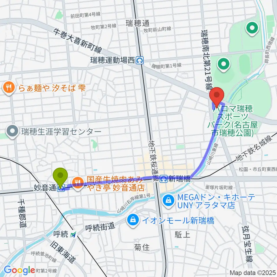 妙音通駅から瑞穂文化小劇場へのルートマップ地図