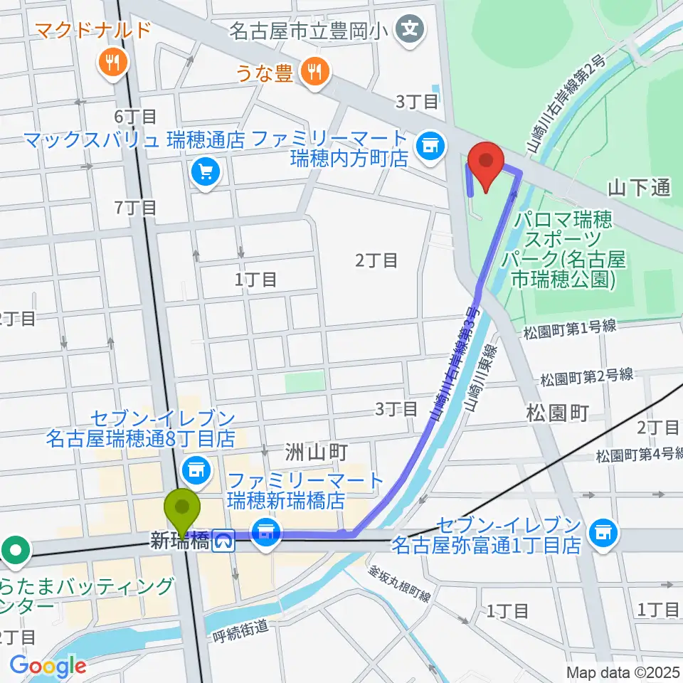 新瑞橋駅から瑞穂文化小劇場へのルートマップ地図