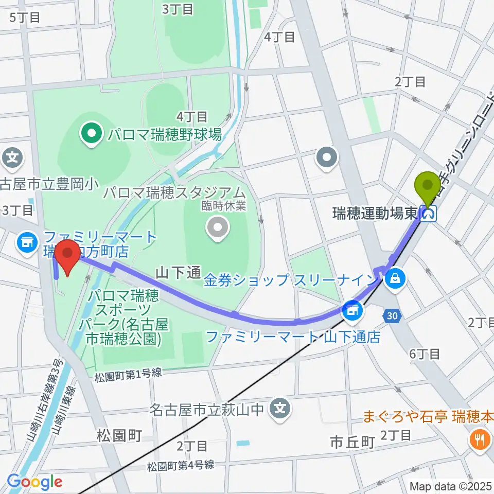 瑞穂運動場東駅から瑞穂文化小劇場へのルートマップ地図