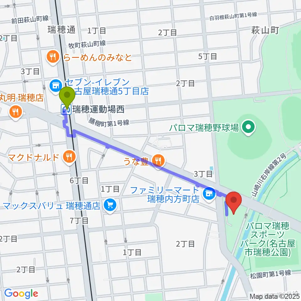 瑞穂文化小劇場の最寄駅瑞穂運動場西駅からの徒歩ルート（約10分）地図