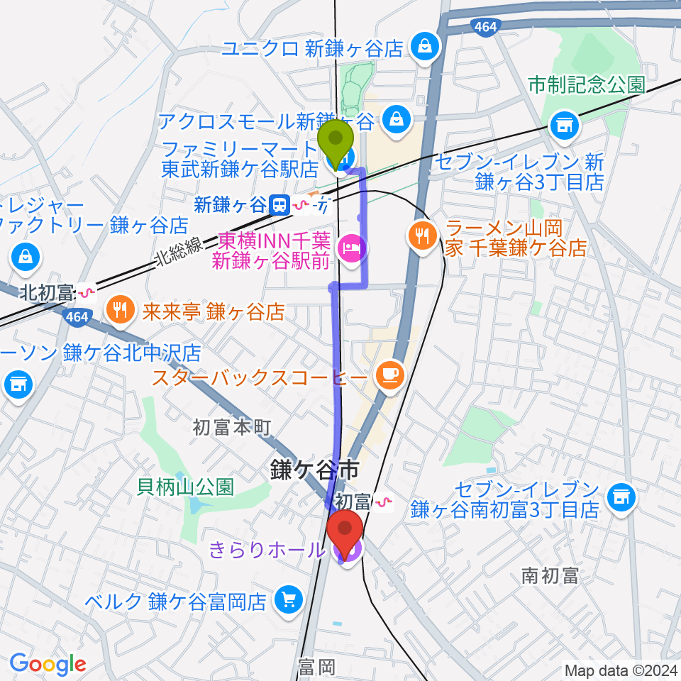 新鎌ヶ谷駅からきらり鎌ケ谷市民会館・きらりホールへのルートマップ地図