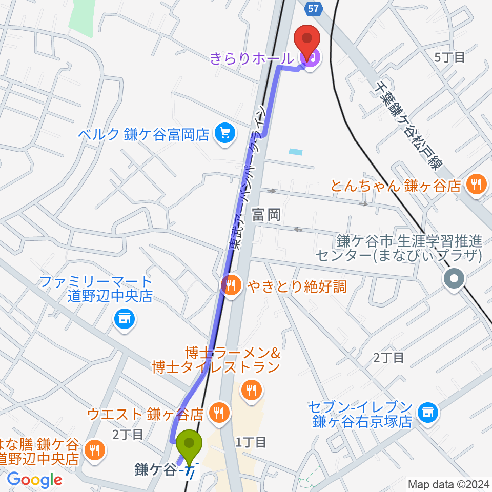 鎌ヶ谷駅からきらり鎌ケ谷市民会館・きらりホールへのルートマップ地図