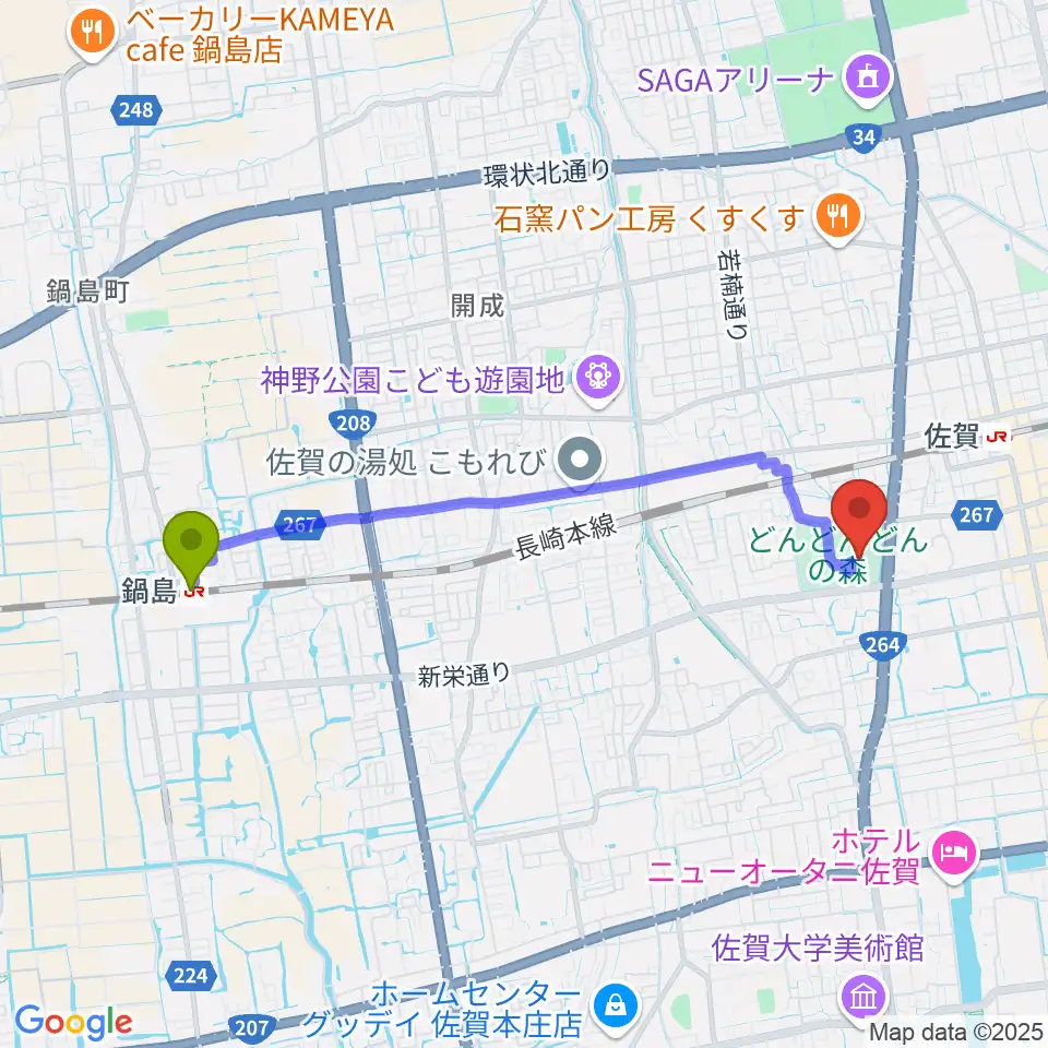 鍋島駅からアバンセへのルートマップ地図