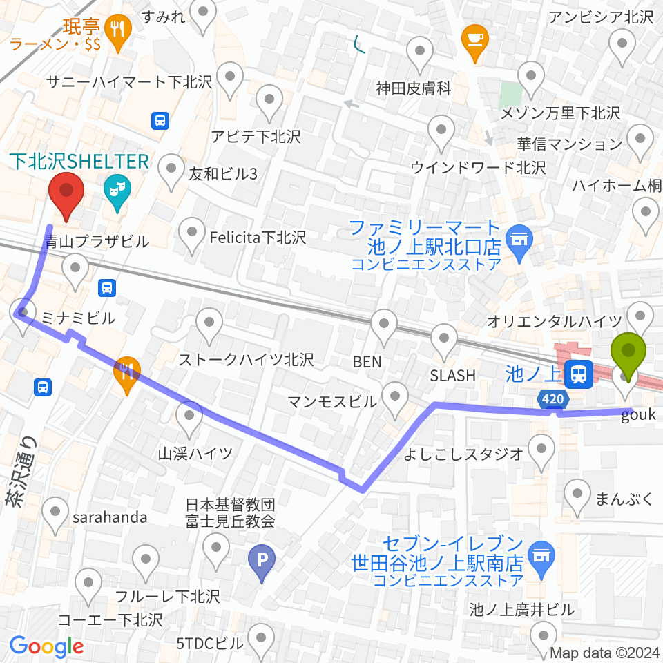 池ノ上駅から下北沢LIVEHOLICへのルートマップ地図