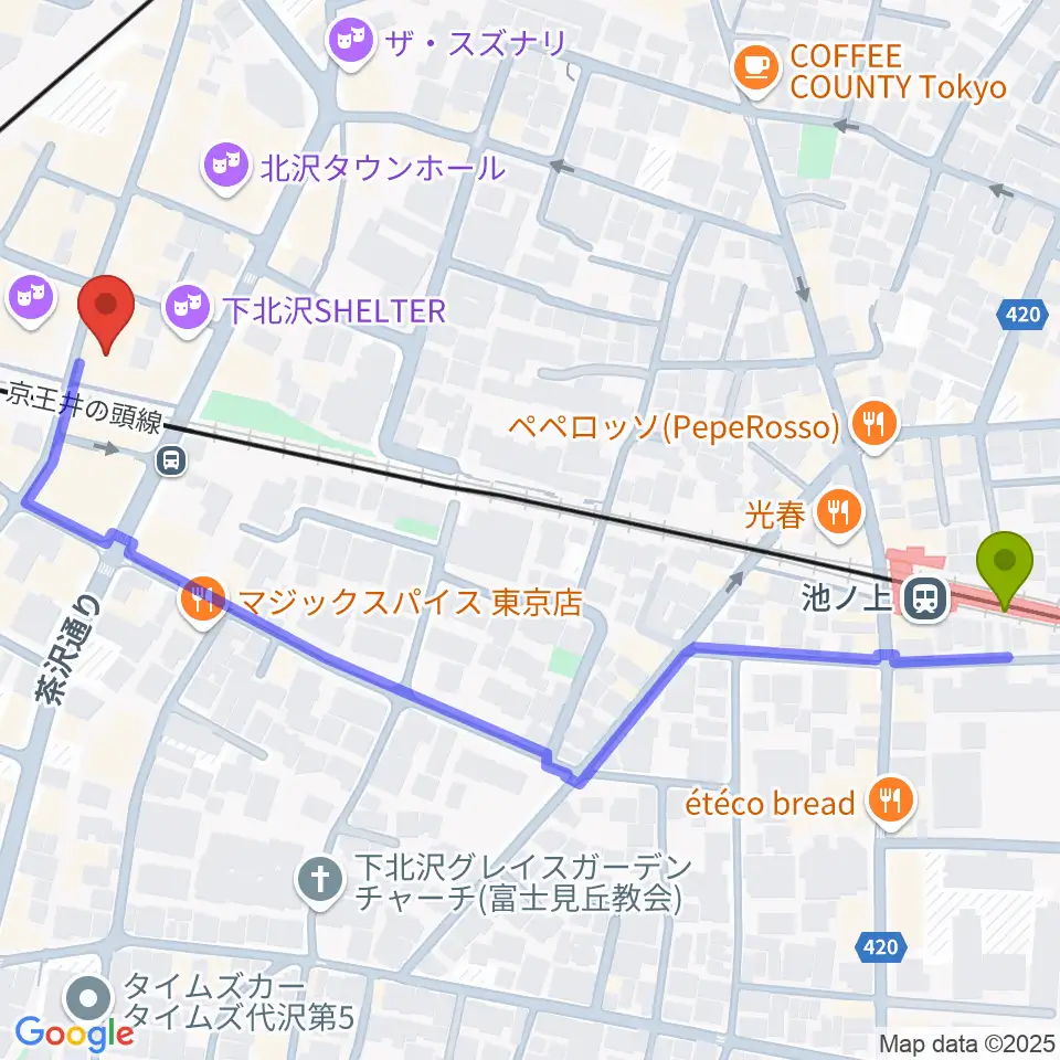 池ノ上駅から下北沢LIVEHOLICへのルートマップ地図