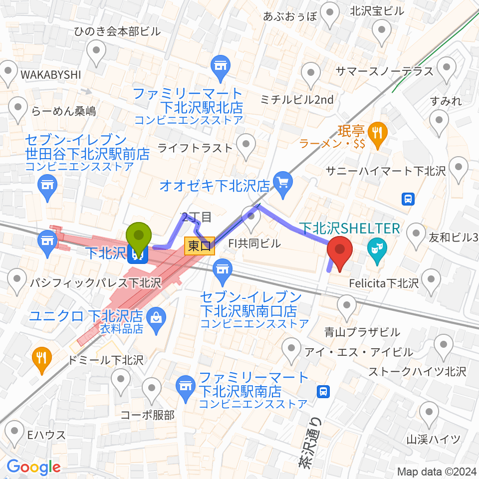 下北沢LIVEHOLICの最寄駅下北沢駅からの徒歩ルート（約3分）地図