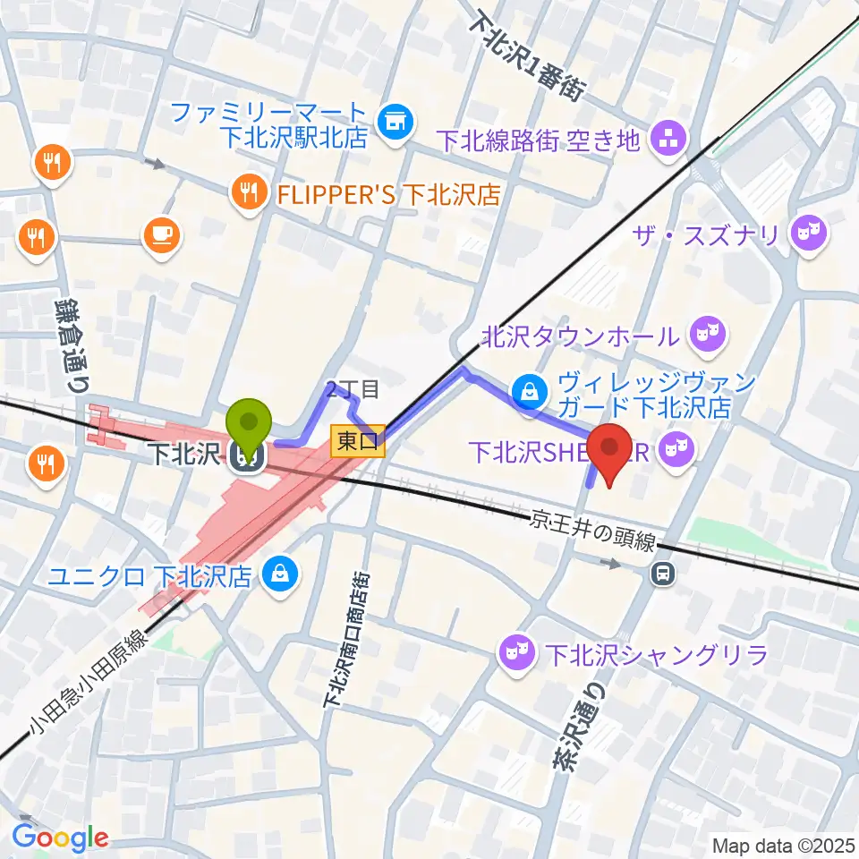 下北沢LIVEHOLICの最寄駅下北沢駅からの徒歩ルート（約3分）地図