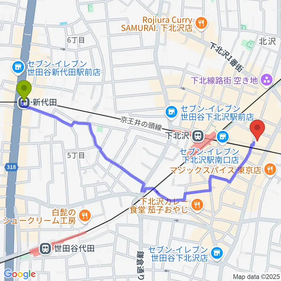 新代田駅から下北沢LIVEHOLICへのルートマップ地図