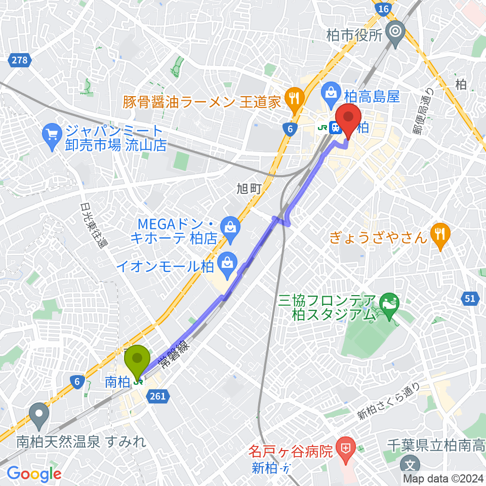 南柏駅から京北ホールへのルートマップ地図